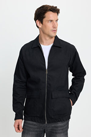 Erkek Relax Fit Rahat Kesim Çift Cep Kapaklı Fermuarlı Beli Lastikli Düz Siyah Ceket Mont Gömlek