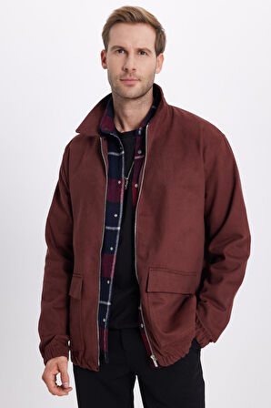 Erkek Relax Fit Rahat Kesim Çift Cep Kapaklı Fermuarlı Beli Lastikli Düz Bordo Ceket Mont Gömlek