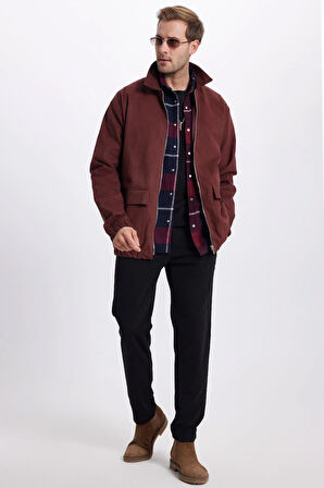 Erkek Relax Fit Rahat Kesim Çift Cep Kapaklı Fermuarlı Beli Lastikli Düz Bordo Ceket Mont Gömlek