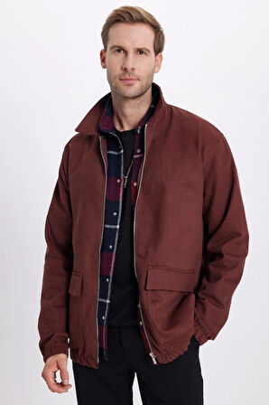 Erkek Relax Fit Rahat Kesim Çift Cep Kapaklı Fermuarlı Beli Lastikli Düz Bordo Ceket Mont Gömlek