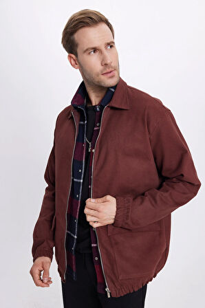 Erkek Relax Fit Rahat Kesim Çift Cep Kapaklı Fermuarlı Beli Lastikli Düz Bordo Ceket Mont Gömlek