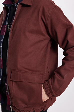 Erkek Relax Fit Rahat Kesim Çift Cep Kapaklı Fermuarlı Beli Lastikli Düz Bordo Ceket Mont Gömlek