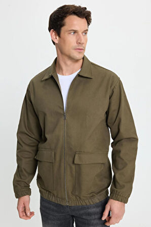 Erkek Relax Fit Rahat Kesim Çift Cep Kapaklı Fermuarlı Beli Lastikli Düz Haki Ceket Mont Gömlek