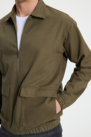 Erkek Relax Fit Rahat Kesim Çift Cep Kapaklı Fermuarlı Beli Lastikli Düz Haki Ceket Mont Gömlek