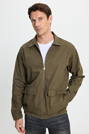 Erkek Relax Fit Rahat Kesim Çift Cep Kapaklı Fermuarlı Beli Lastikli Düz Haki Ceket Mont Gömlek