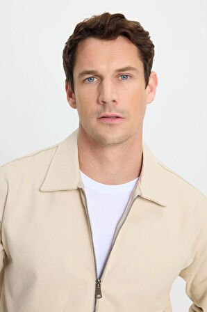 Erkek Relax Fit Rahat Kesim Çift Cep Kapaklı Fermuarlı Beli Lastikli Düz Bej  Ceket Mont Gömlek