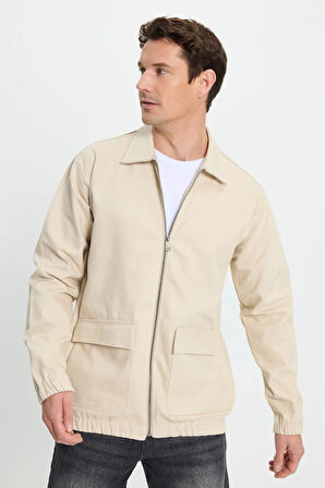 Erkek Relax Fit Rahat Kesim Çift Cep Kapaklı Fermuarlı Beli Lastikli Düz Bej  Ceket Mont Gömlek