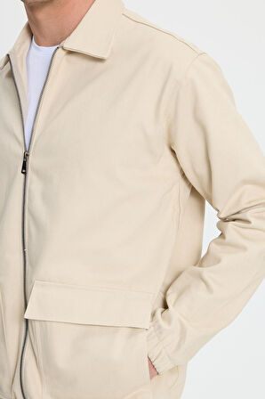 Erkek Relax Fit Rahat Kesim Çift Cep Kapaklı Fermuarlı Beli Lastikli Düz Bej  Ceket Mont Gömlek