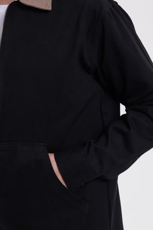Erkek Relax Fit Rahat Kesim Gabardin Düz Fermuarlı Kanguru Cepli Kontrast Yaka Siyah Gömlek Ceket