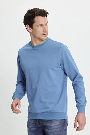 Erkek Relax Fit Rahat Kesim %100 Pamuk 2 İplik Bisiklet Yaka Mavi Sweatshirt