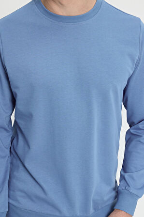 Erkek Relax Fit Rahat Kesim %100 Pamuk 2 İplik Bisiklet Yaka Mavi Sweatshirt