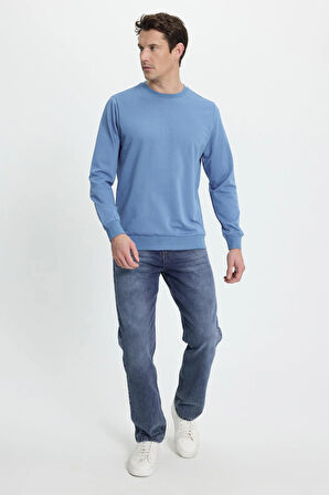Erkek Relax Fit Rahat Kesim %100 Pamuk 2 İplik Bisiklet Yaka Mavi Sweatshirt
