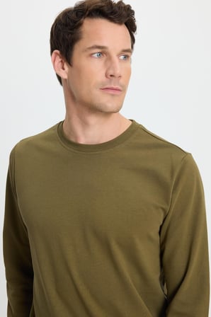 Erkek Relax Fit Rahat Kesim %100 Pamuk 2 İplik Bisiklet Yaka Haki Sweatshirt