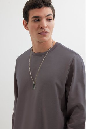 Erkek Relax Fit Rahat Kesim %100 Pamuk 2 İplik Bisiklet Yaka Koyu Gri Sweatshirt