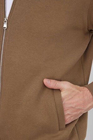 Unisex Relax Fit Rahat Kesim Pamuklu İçi Polarlı Fermuarlı Kahverengi Dik Yaka Flato Cep Sweatshirt Hırka