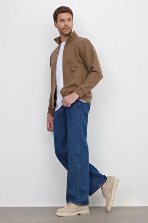 Unisex Relax Fit Rahat Kesim Pamuklu İçi Polarlı Fermuarlı Kahverengi Dik Yaka Flato Cep Sweatshirt Hırka