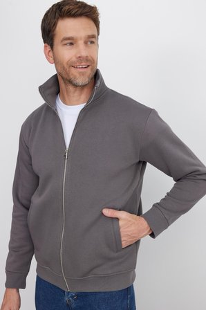Unisex Relax Fit Rahat Kesim Pamuklu 3 İplik İçi Polarlı Fermuarlı Cepli Gri Sweatshirt Hırka