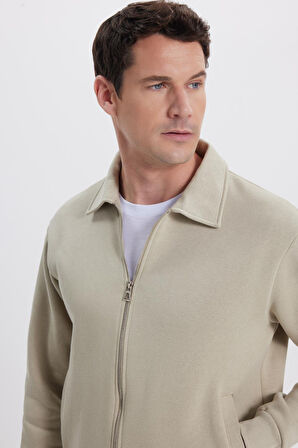 Unisex Relax Fit Rahat Kesim Pamuklu İçi Polarlı Fermuarlı Taş Polo Yaka Flato Cepli Sweatshirt Hırka