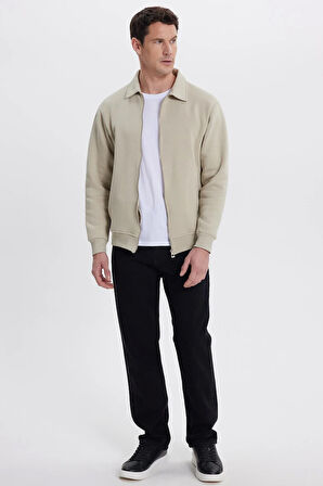 Unisex Relax Fit Rahat Kesim Pamuklu İçi Polarlı Fermuarlı Taş Polo Yaka Flato Cepli Sweatshirt Hırka