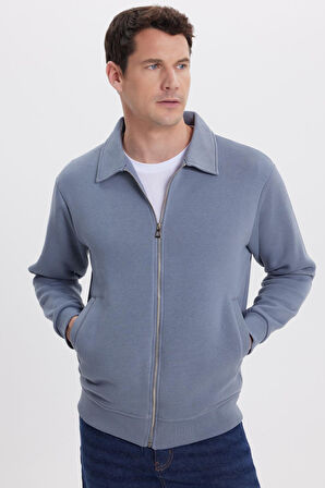 Unisex Relax Fit Rahat Kesim Pamuklu İç Polarlı Fermuarlı Gri Polo Yaka Flato Cepli Sweatshirt Hırka