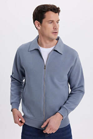 Unisex Relax Fit Rahat Kesim Pamuklu İç Polarlı Fermuarlı Gri Polo Yaka Flato Cepli Sweatshirt Hırka