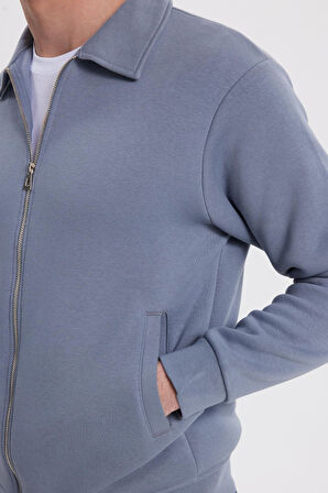 Unisex Relax Fit Rahat Kesim Pamuklu İç Polarlı Fermuarlı Gri Polo Yaka Flato Cepli Sweatshirt Hırka