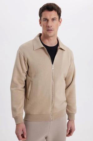 Unisex Relax Fit Rahat Kesim Pamuklu İçi Polarlı Fermuarlı Koyu Bej Polo Yaka Flato Cepli Sweatshirt Hırka