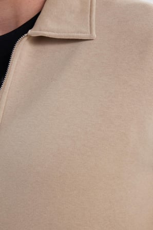 Unisex Relax Fit Rahat Kesim Pamuklu İçi Polarlı Fermuarlı Koyu Bej Polo Yaka Flato Cepli Sweatshirt Hırka