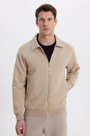 Unisex Relax Fit Rahat Kesim Pamuklu İçi Polarlı Fermuarlı Koyu Bej Polo Yaka Flato Cepli Sweatshirt Hırka