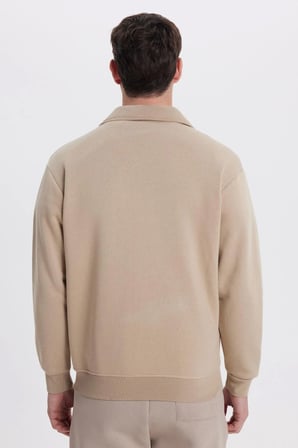 Unisex Relax Fit Rahat Kesim Pamuklu İçi Polarlı Fermuarlı Koyu Bej Polo Yaka Flato Cepli Sweatshirt Hırka