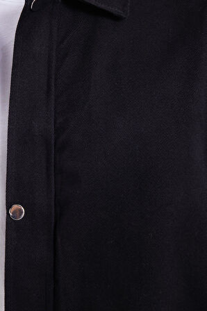 Erkek Relax Fit Rahat Kesim %100 Pamuk Çift Cepli Fermuarlı Siyah Mont Gömlek