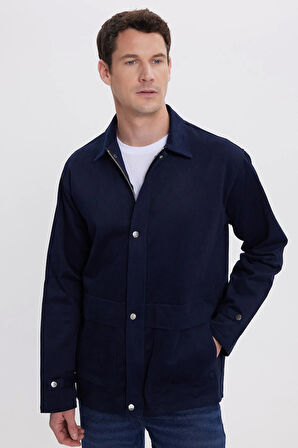 Erkek Relax Fit Rahat Kesim %100 Pamuk Çift Cepli Fermuarlı Lacivert Mont Gömlek