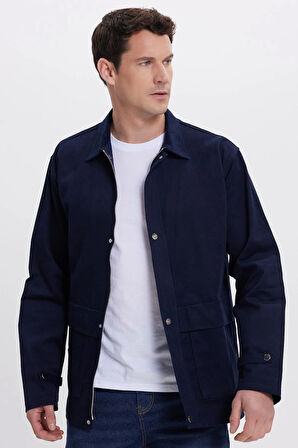 Erkek Relax Fit Rahat Kesim %100 Pamuk Çift Cepli Fermuarlı Lacivert Mont Gömlek