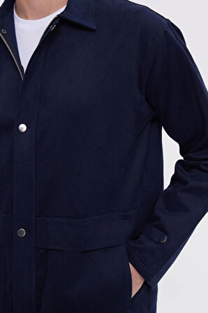 Erkek Relax Fit Rahat Kesim %100 Pamuk Çift Cepli Fermuarlı Lacivert Mont Gömlek