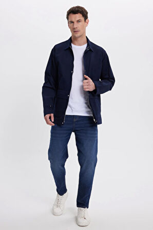 Erkek Relax Fit Rahat Kesim %100 Pamuk Çift Cepli Fermuarlı Lacivert Mont Gömlek