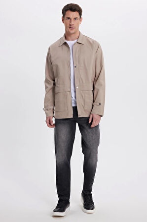 Erkek Relax Fit Rahat Kesim %100 Pamuk Çift Cepli Fermuarlı Bej Mont Gömlek