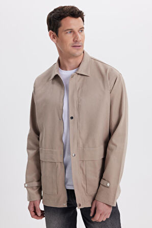 Erkek Relax Fit Rahat Kesim %100 Pamuk Çift Cepli Fermuarlı Bej Mont Gömlek