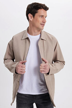 Erkek Relax Fit Rahat Kesim %100 Pamuk Çift Cepli Fermuarlı Bej Mont Gömlek