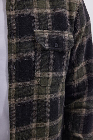 Erkek Slim Fit Dar Kesim Çift Cepli Kapaklı Spor Yaka Kareli Oduncu Gömlek