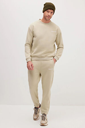 Erkek Relax Fit Pamuklu 3 İplik Yumuşak Dokulu İçi Polarlı Bisiklet Yaka Taş Eşofman Takımı