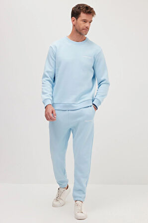 Erkek Relax Fit Pamuklu 3 İplik Yumuşak Dokulu İçi Polarlı Bisiklet Yaka Mavi Eşofman Takımı