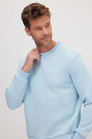 Erkek Relax Fit Pamuklu 3 İplik Yumuşak Dokulu İçi Polarlı Bisiklet Yaka Mavi Eşofman Takımı