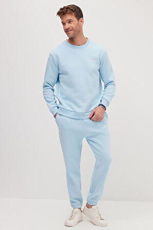 Erkek Relax Fit Pamuklu 3 İplik Yumuşak Dokulu İçi Polarlı Bisiklet Yaka Mavi Eşofman Takımı