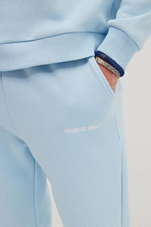 Erkek Relax Fit Pamuklu 3 İplik Yumuşak Dokulu İçi Polarlı Bisiklet Yaka Mavi Eşofman Takımı