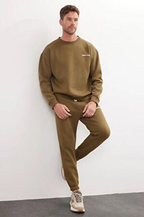 Erkek Relax Fit Pamuklu 3 İplik Yumuşak Dokulu İçi Polarlı Bisiklet Yaka Haki Eşofman Takımı