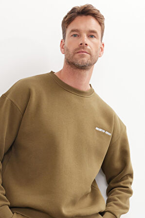 Erkek Relax Fit Pamuklu 3 İplik Yumuşak Dokulu İçi Polarlı Bisiklet Yaka Haki Eşofman Takımı