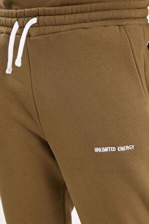 Erkek Relax Fit Pamuklu 3 İplik Yumuşak Dokulu İçi Polarlı Bisiklet Yaka Haki Eşofman Takımı