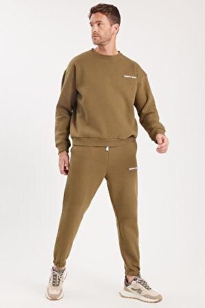 Erkek Relax Fit Pamuklu 3 İplik Yumuşak Dokulu İçi Polarlı Bisiklet Yaka Haki Eşofman Takımı