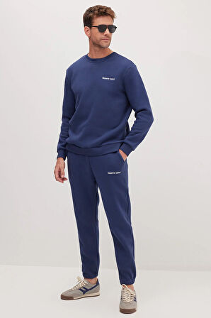 Erkek Relax Fit Pamuklu 3 İplik Yumuşak Dokulu İçi Polarlı Bisiklet Yaka Lacivert Eşofman Takımı