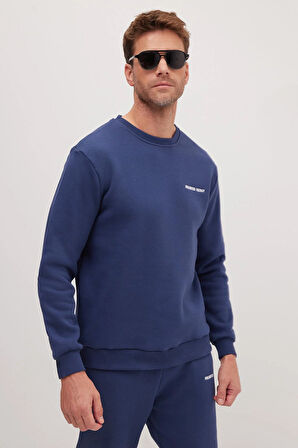 Erkek Relax Fit Pamuklu 3 İplik Yumuşak Dokulu İçi Polarlı Bisiklet Yaka Lacivert Eşofman Takımı